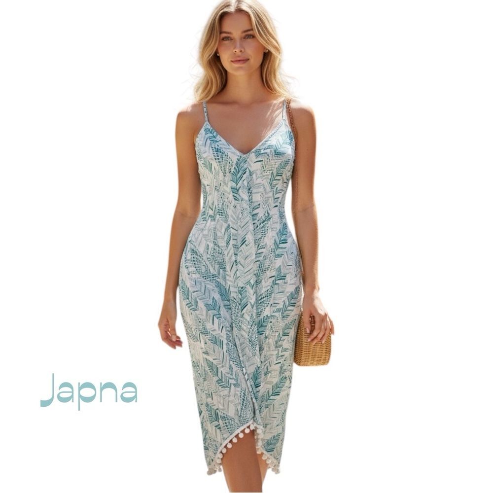 Japna White Green Pom Pom Midi Sun Dress NWT Size S CottageCore Bohemian